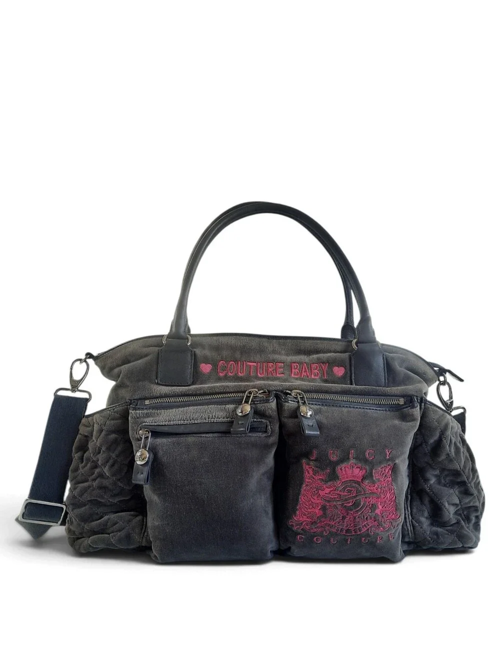 JUICY COUTURE Baby Bag Weekender Terry Velour Bib Duffle Crossbody Gray Pink Y2K